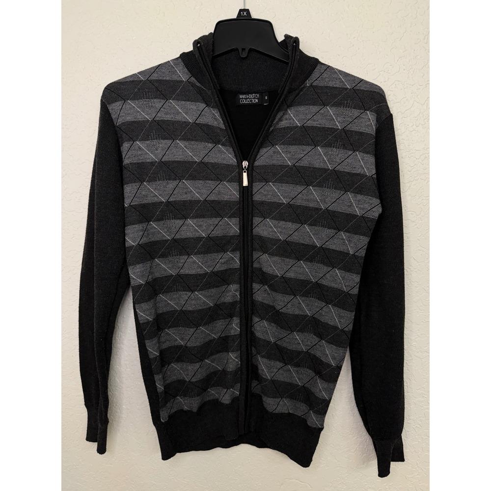 Marx & Dutch Collection Mens Small Full Zip Geometric Argyle Sweater Charcoal